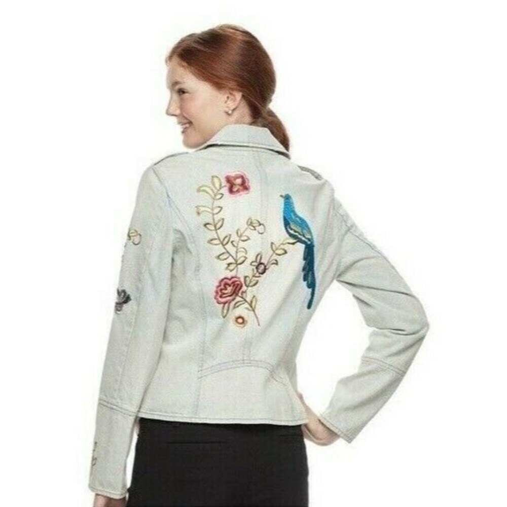 Candies Denim Jacket Floral Blue Bird Embroidered Asymmetric Zip Jean Womens S